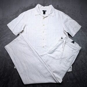 Vtg Claiborne Shirt Pants 2 Pc Set Mens Sz M Beige Cream Linen Cotton Blend 90s